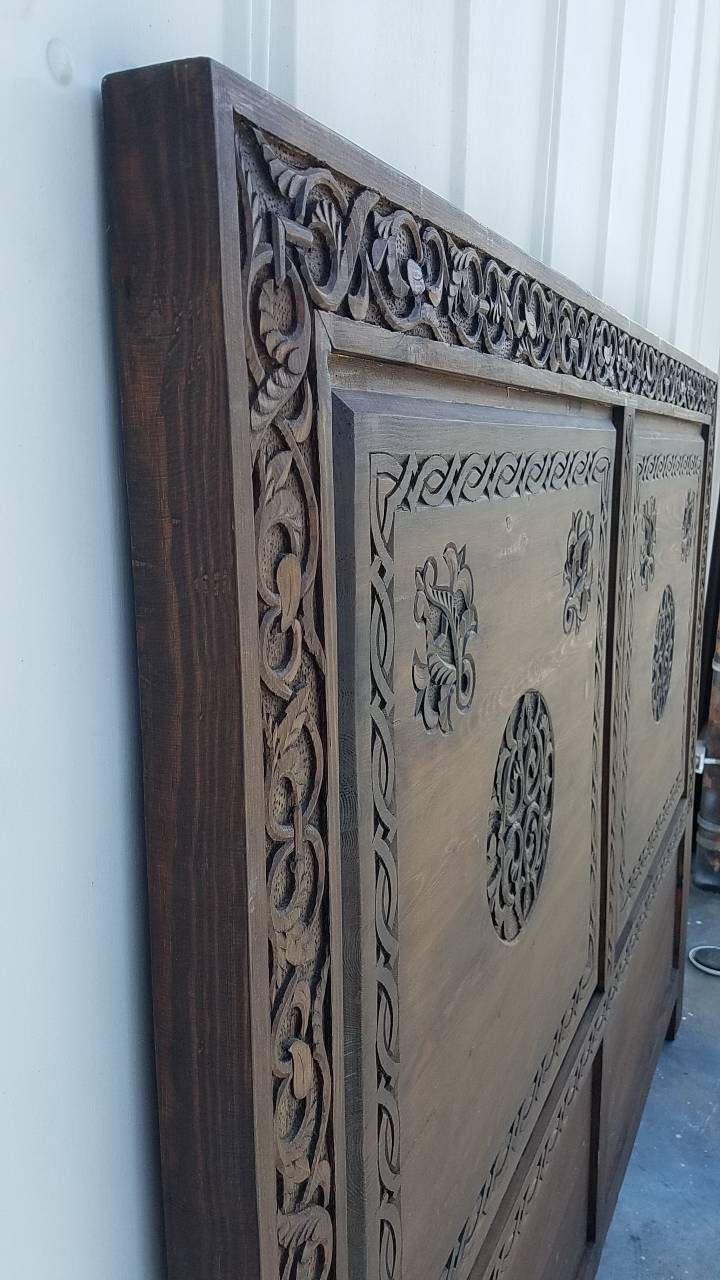 Handmade Carved Cedar Headboard - Vintage Moroccan Moorish Bed (67x51)