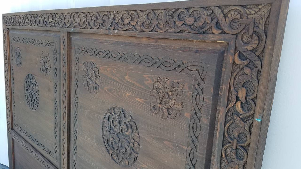 Handmade Carved Cedar Headboard - Vintage Moroccan Moorish Bed (67x51)