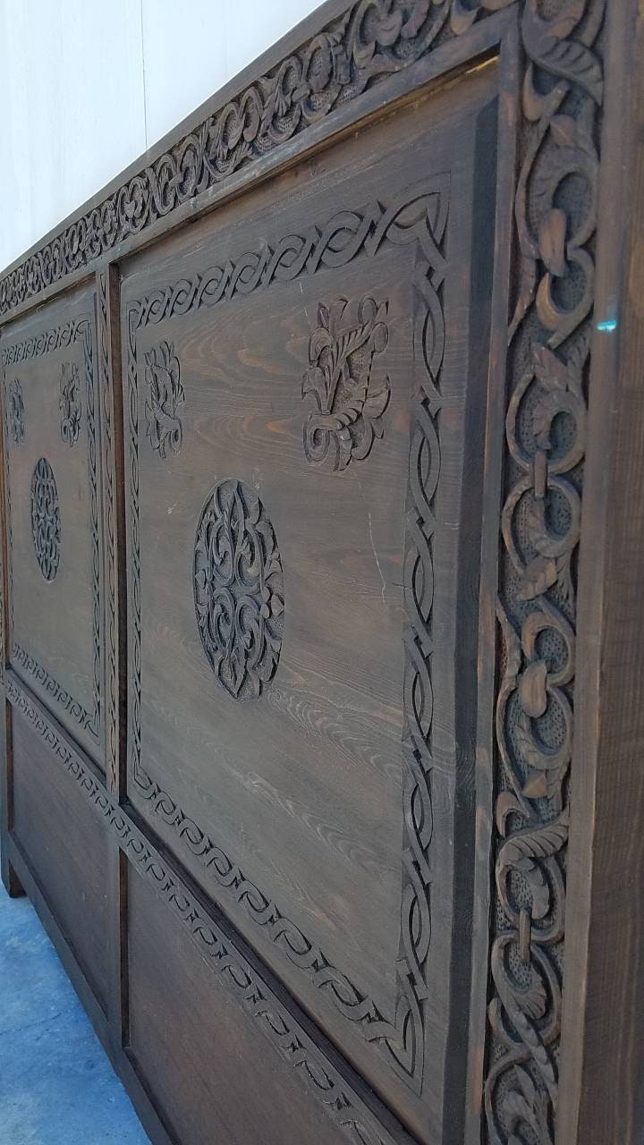 Handmade Carved Cedar Headboard - Vintage Moroccan Moorish Bed (67x51)