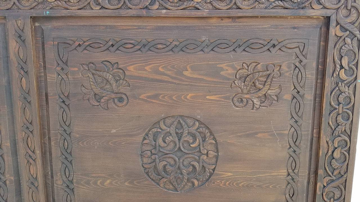 Handmade Carved Cedar Headboard - Vintage Moroccan Moorish Bed (67x51)