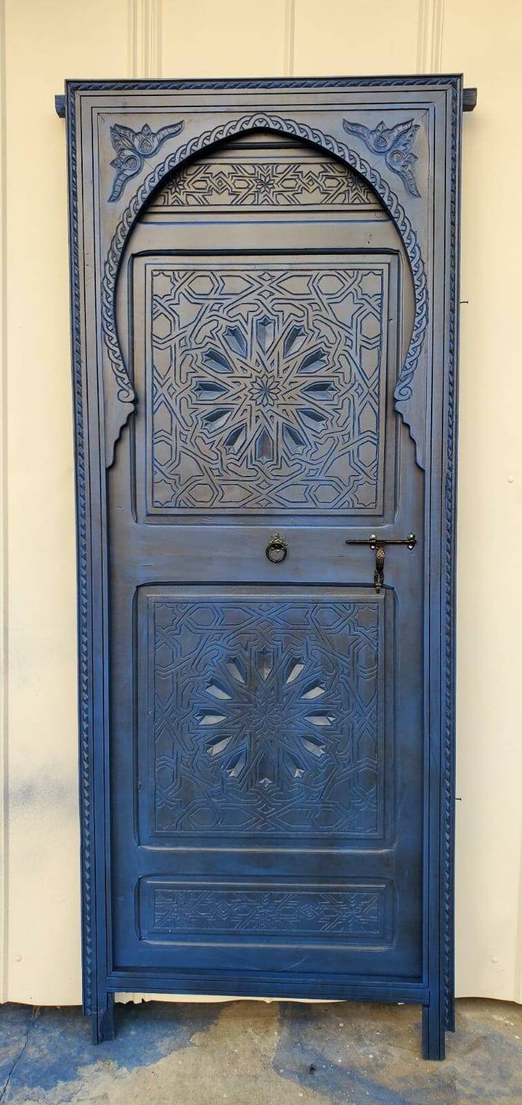 Handmade Blue Moroccan Door: Geometric Carved Wood, 79" x 32.5"