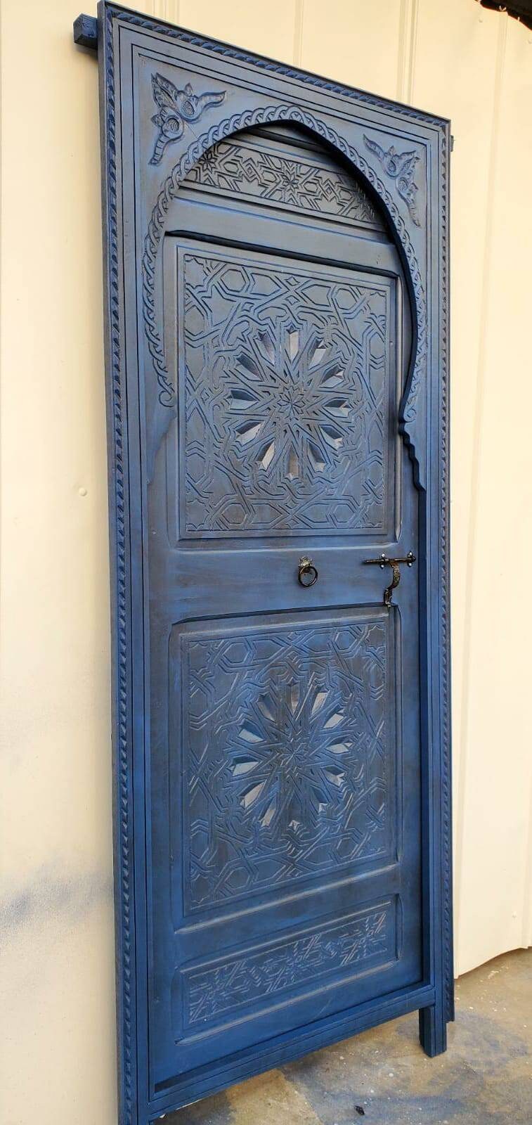 Handmade Blue Moroccan Door: Geometric Carved Wood, 79" x 32.5"