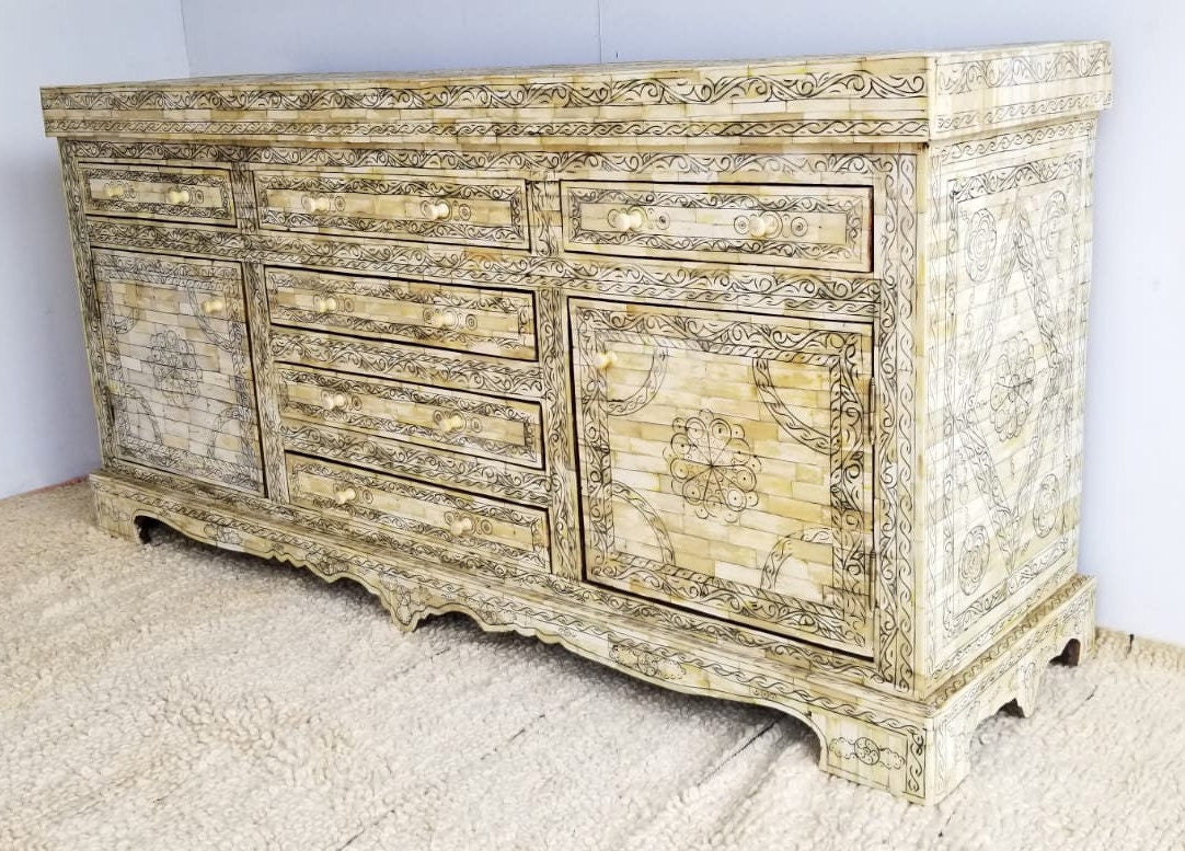 Vintage Moroccan Camel Bone Inlay Cabinet, Handcrafted Berber Chest