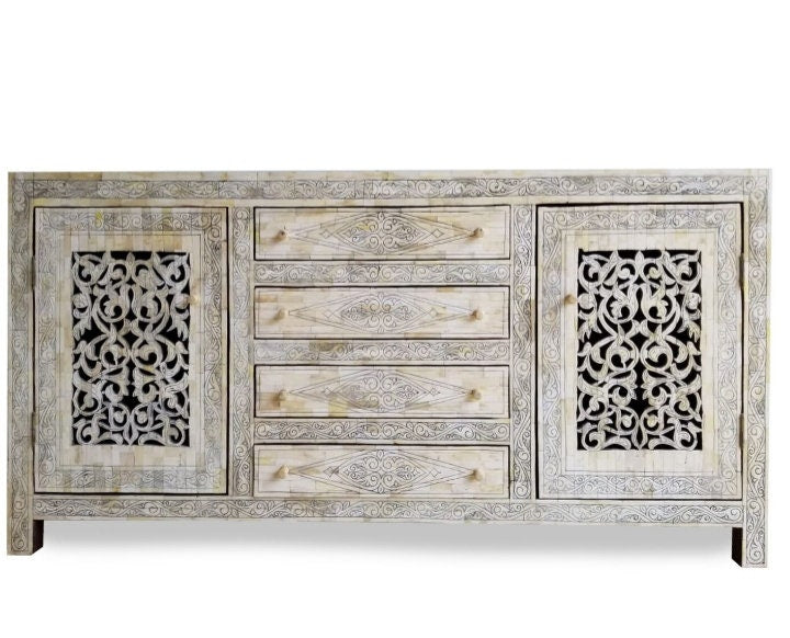 Vintage Moroccan Camel Bone Inlay Cabinet, Berber Chest of Drawers