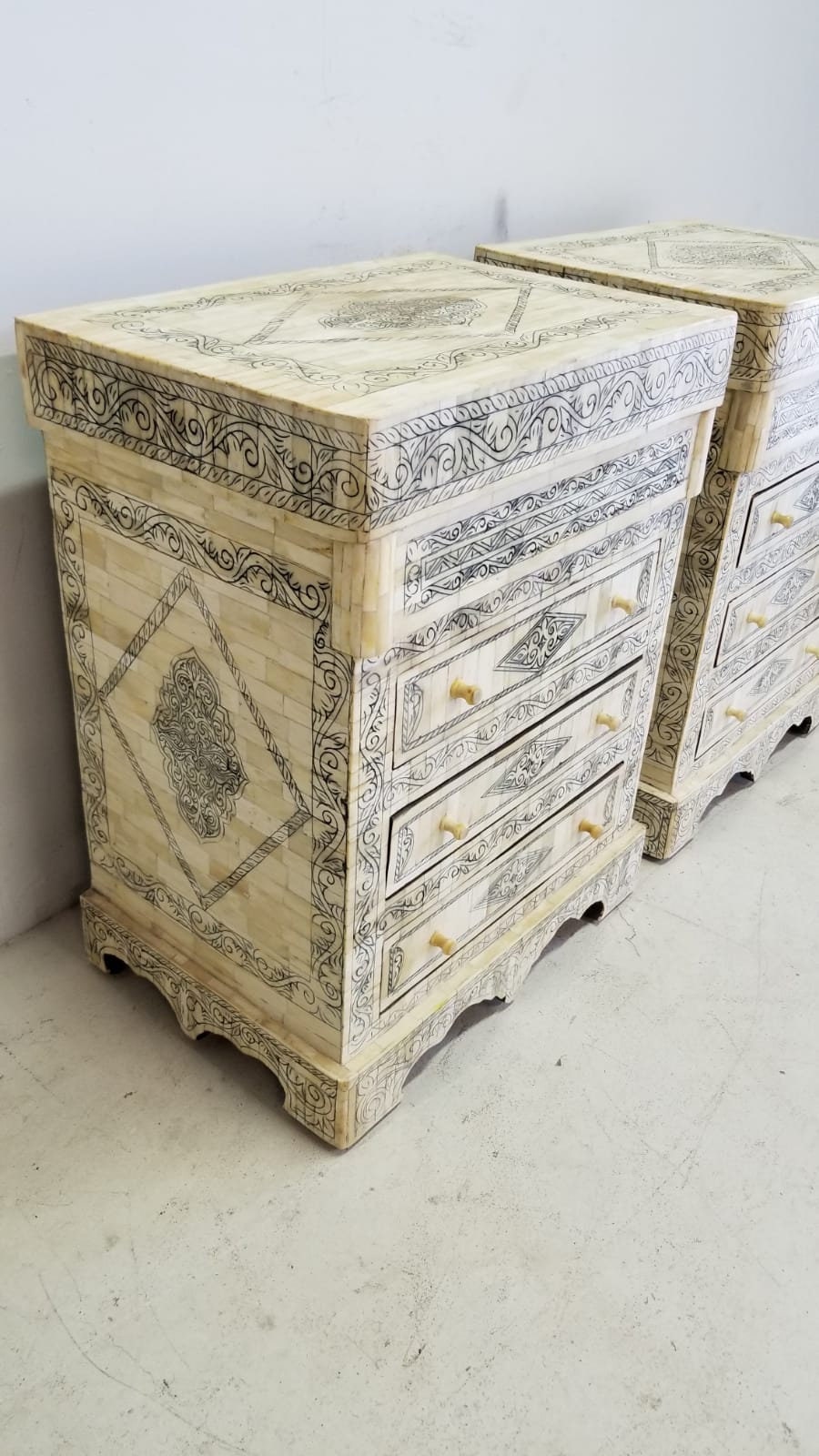 Two Vintage Bone Inlay Nightstand: Moroccan Dresser Cabinet