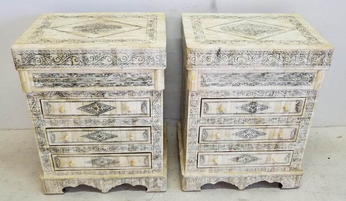 Two Vintage Bone Inlay Nightstand: Moroccan Dresser Cabinet