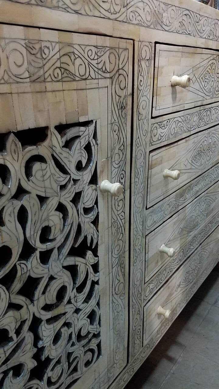 Vintage Moroccan Camel Bone Inlay Cabinet, Berber Chest of Drawers