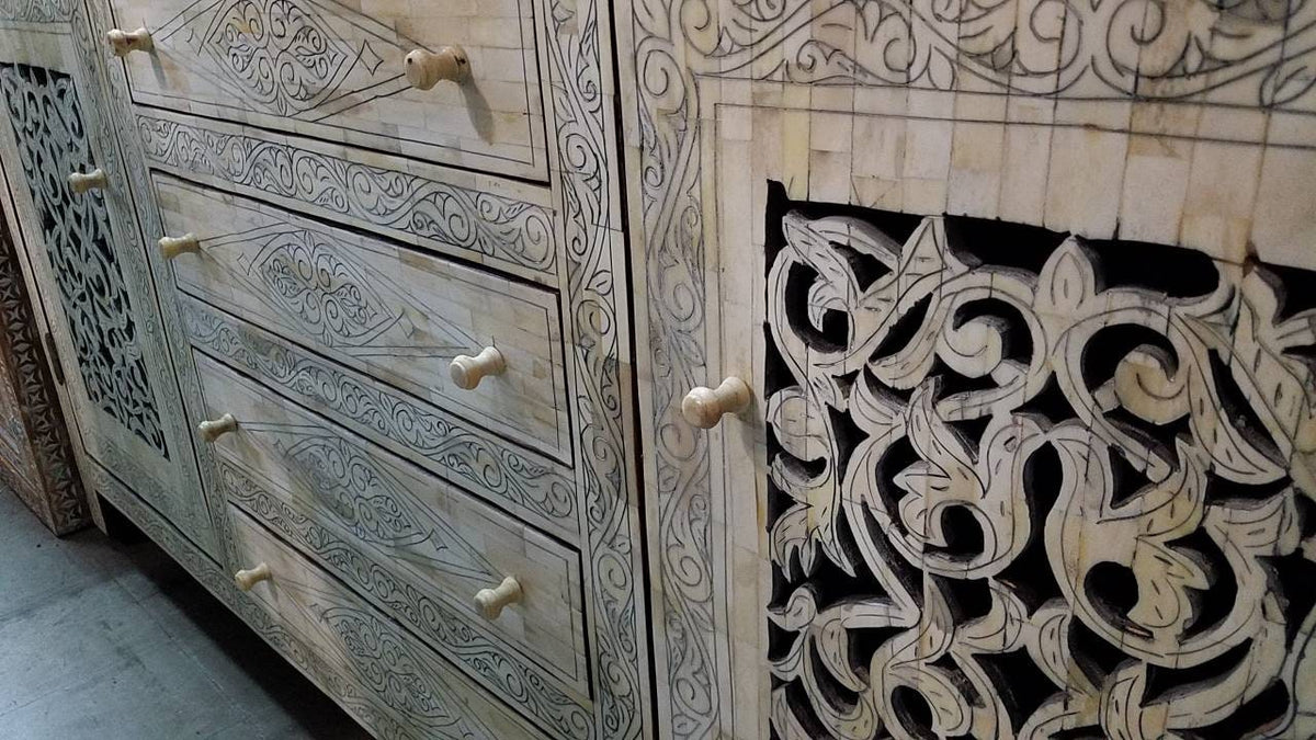 Vintage Moroccan Camel Bone Inlay Cabinet, Berber Chest of Drawers