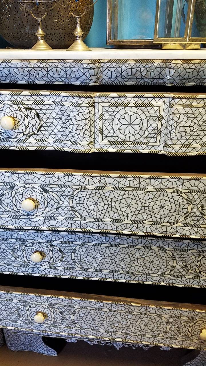 Inlaid Mother of Pearl Dresser, Moroccan Bone Chest of Drawers, Syrian Handcraft (55x45x23)