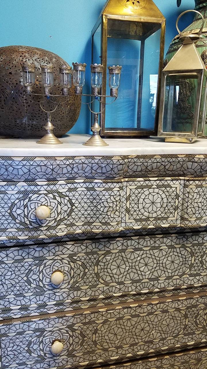 Inlaid Mother of Pearl Dresser, Moroccan Bone Chest of Drawers, Syrian Handcraft (55x45x23)