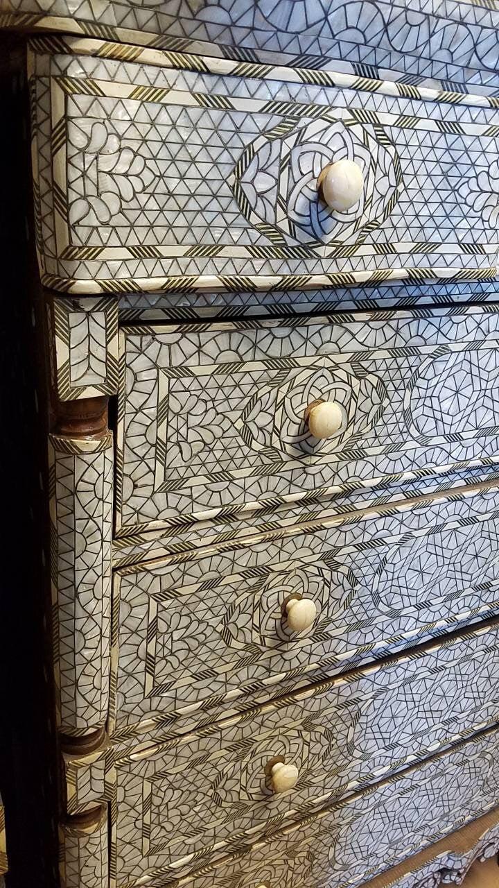 Inlaid Mother of Pearl Dresser, Moroccan Bone Chest of Drawers, Syrian Handcraft (55x45x23)