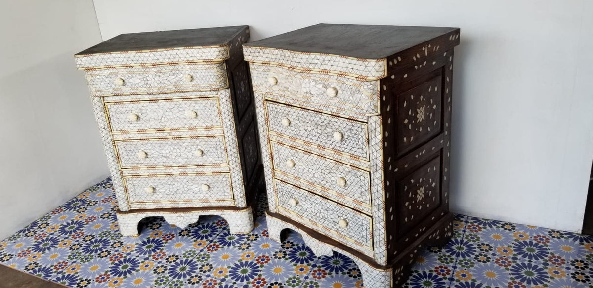 Vintage Mother of Pearl Inlay Nightstands, Marble Top, Syrian Chest