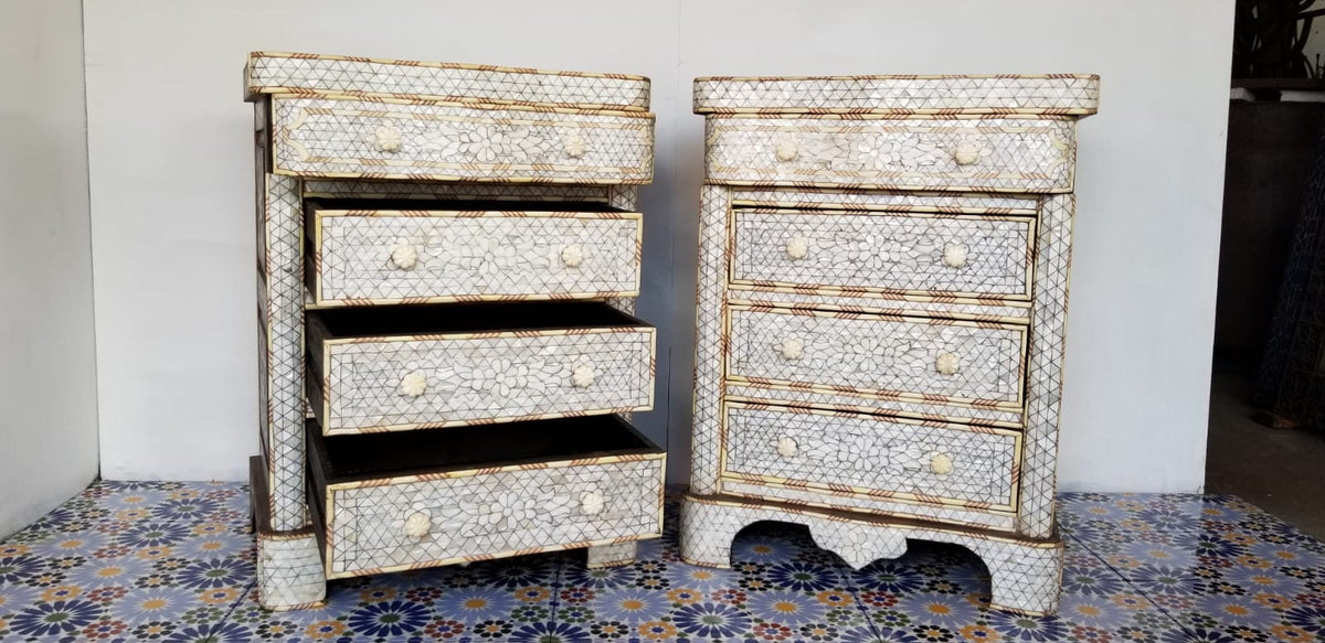 Vintage Mother of Pearl Inlay Nightstands, Marble Top, Syrian Chest
