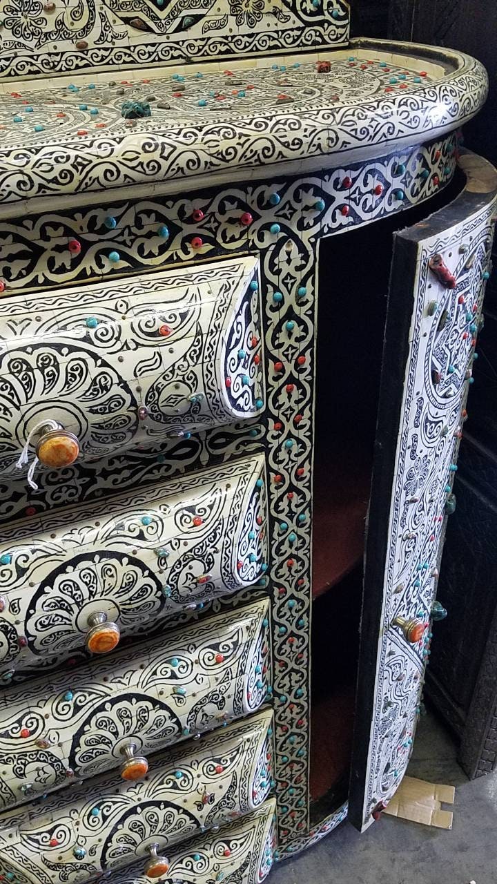 Vintage Moroccan Bone Inlay Vanity, Semi-Precious Stone Cabinet with Mirror