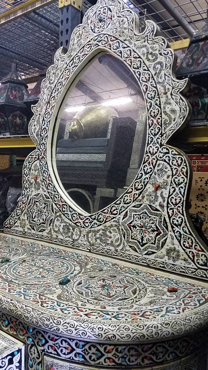Vintage Moroccan Bone Inlay Vanity, Semi-Precious Stone Cabinet with Mirror