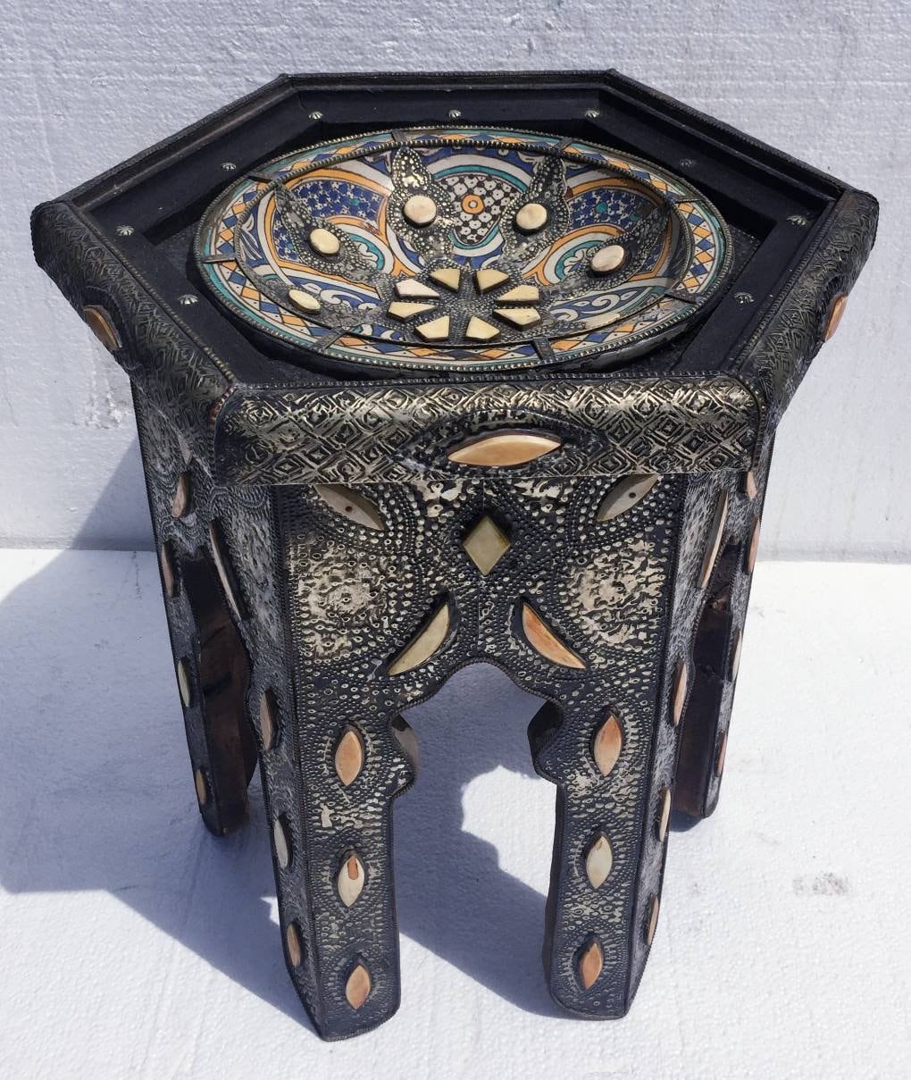Vintage Moroccan Table: Touareg Tribal Pottery, Camel Bone & Metal Inlay