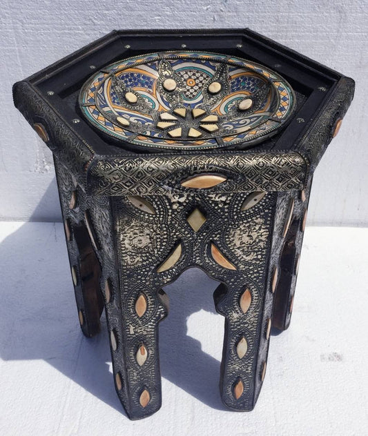 Vintage Moroccan Table: Touareg Tribal Pottery, Camel Bone & Metal Inlay