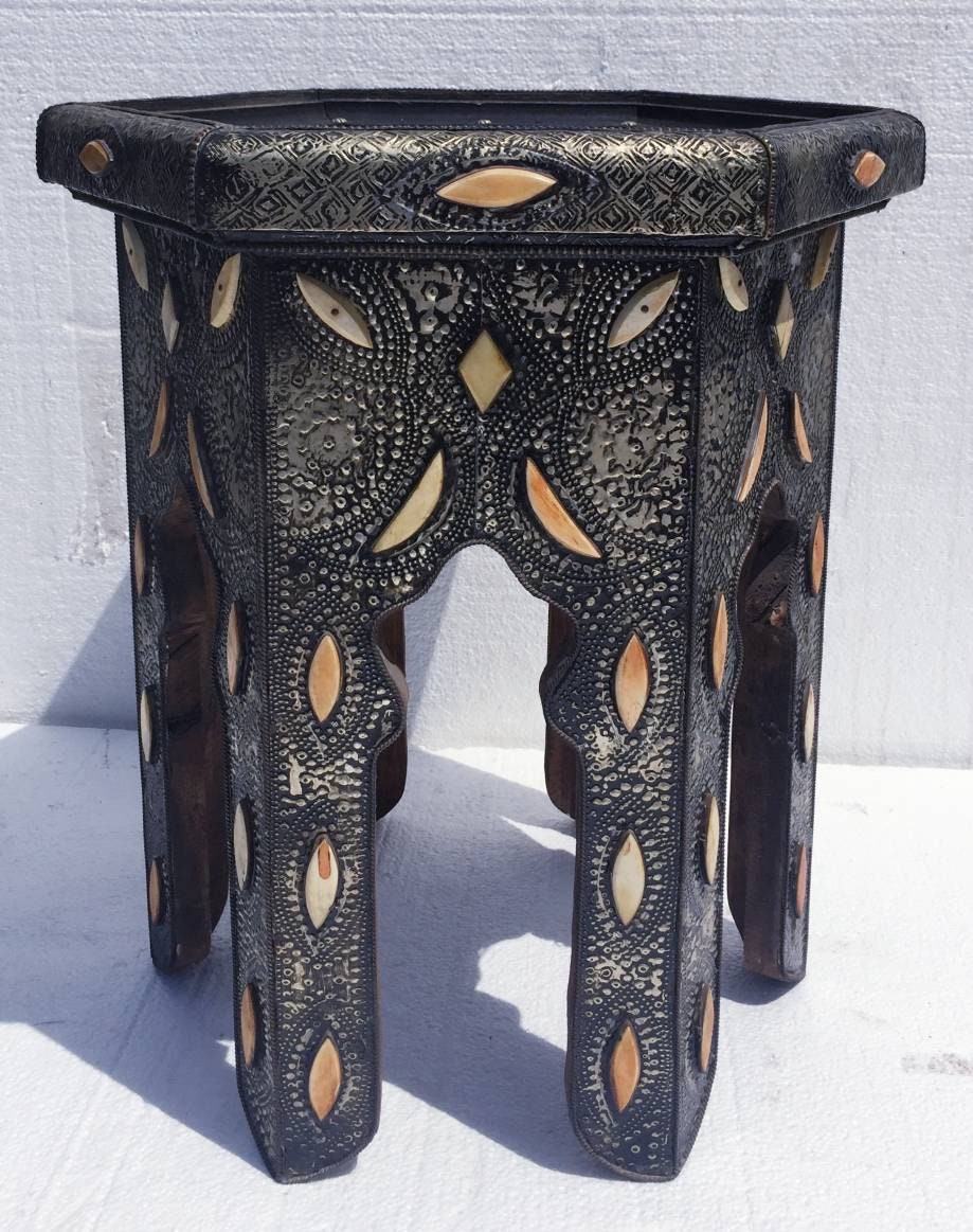 Vintage Moroccan Table: Touareg Tribal Pottery, Camel Bone & Metal Inlay