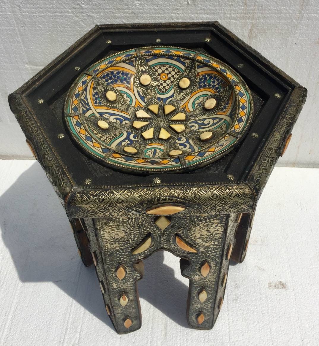Vintage Moroccan Table: Touareg Tribal Pottery, Camel Bone & Metal Inlay