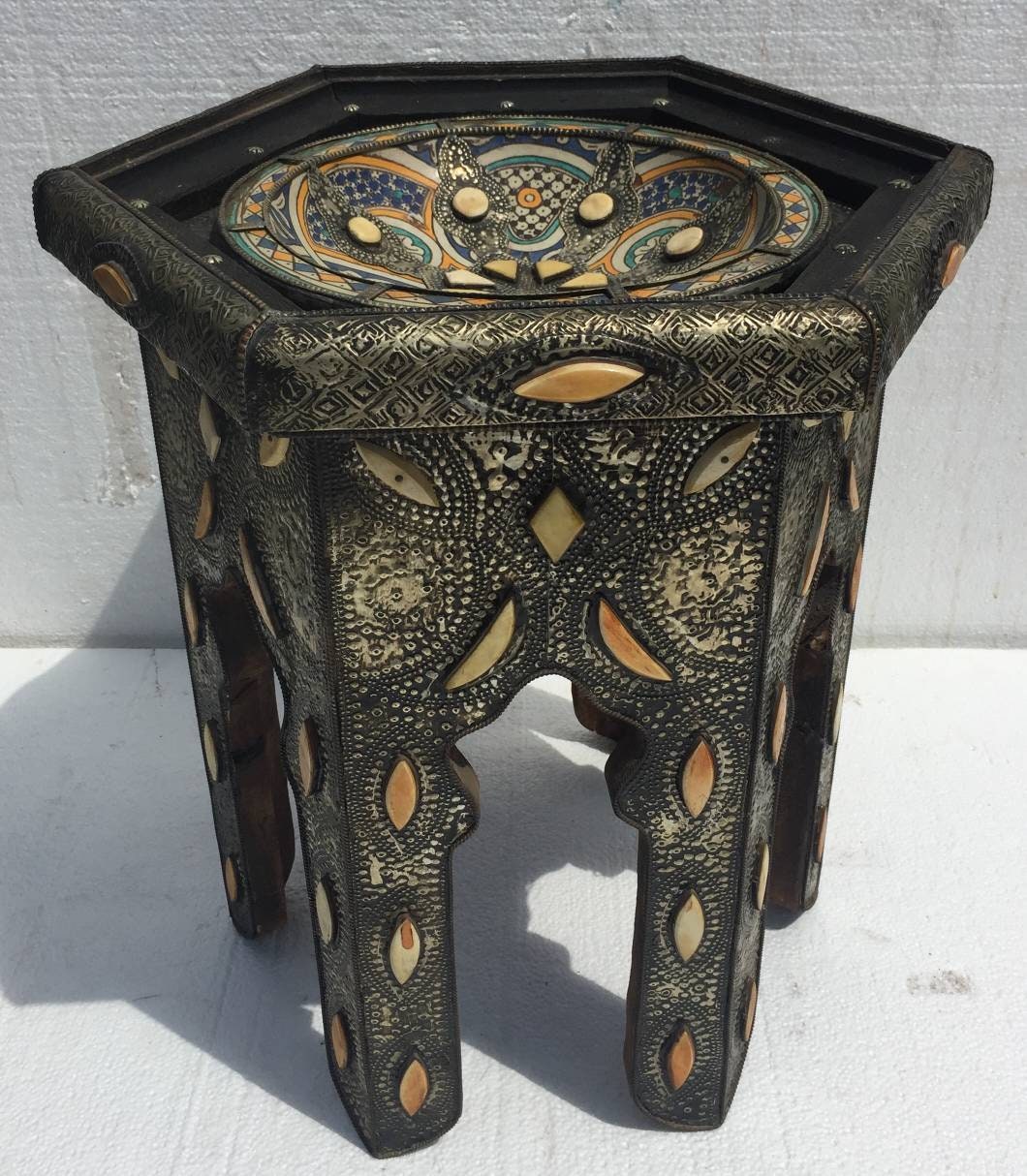 Vintage Moroccan Table: Touareg Tribal Pottery, Camel Bone & Metal Inlay