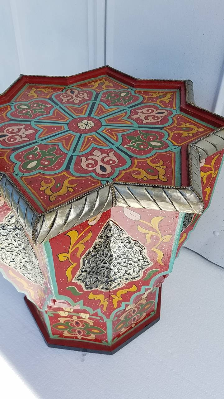 Hand-Painted Moroccan Wooden Table with Silver Inlay