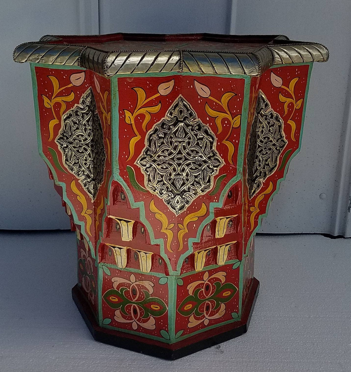 Hand-Painted Moroccan Wooden Table with Silver Inlay
