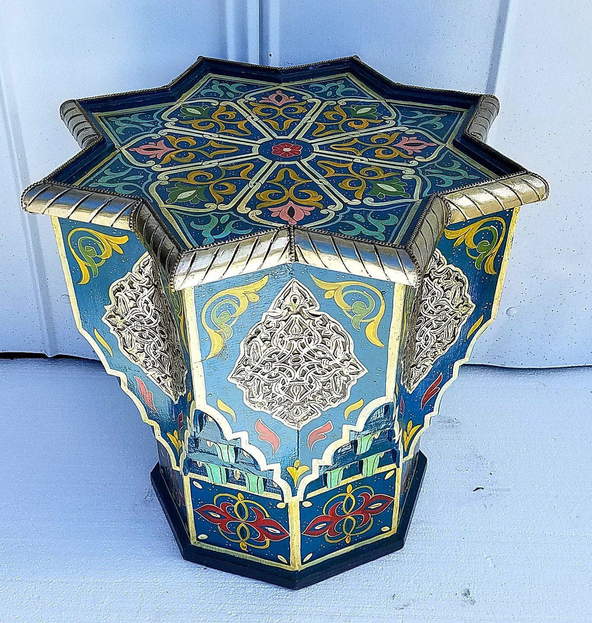 Hand-Painted Moroccan Star Table with Silver Accents – Boho Accent Furniture