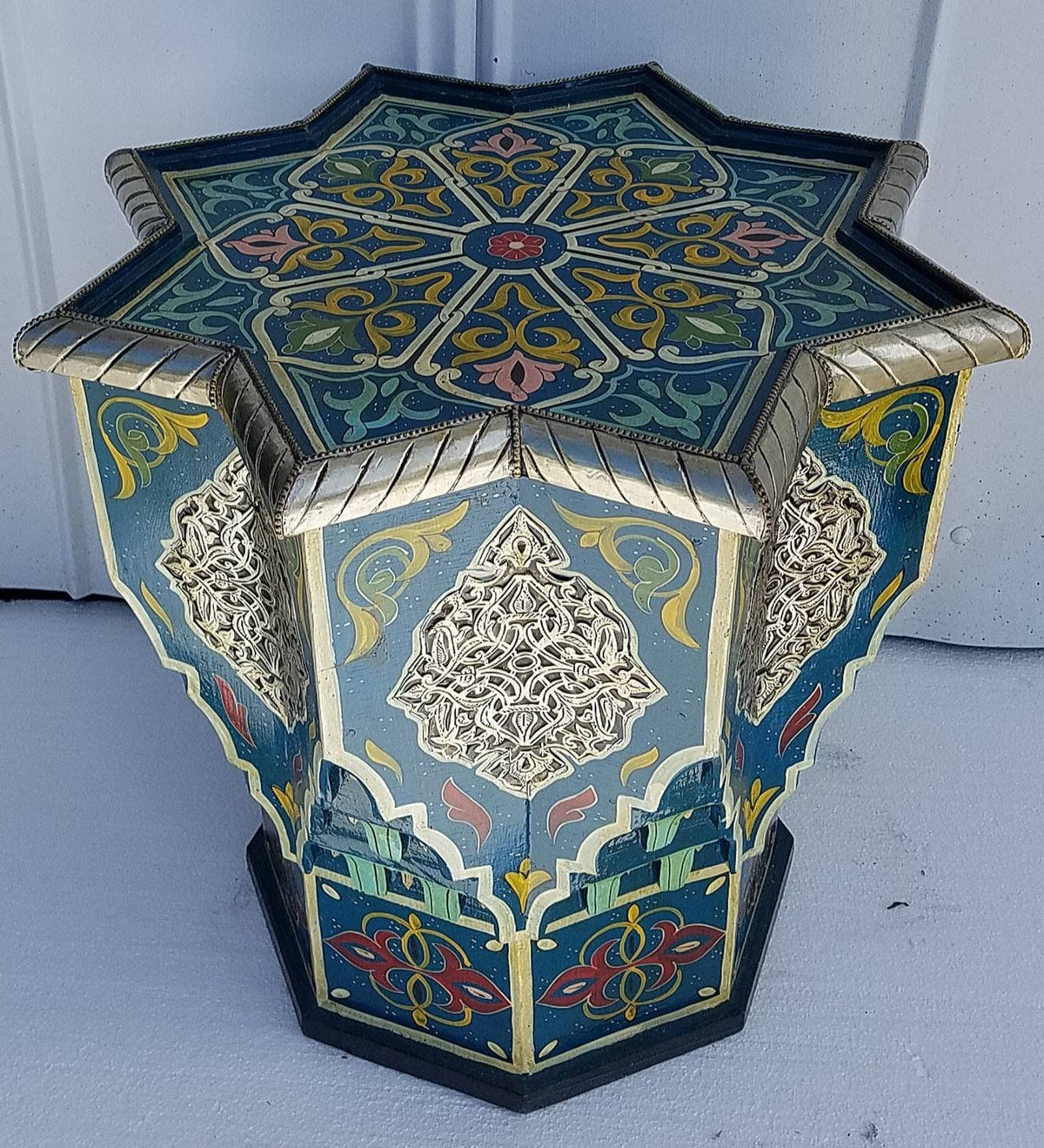 Hand-Painted Moroccan Star Table with Silver Accents – Boho Accent Furniture