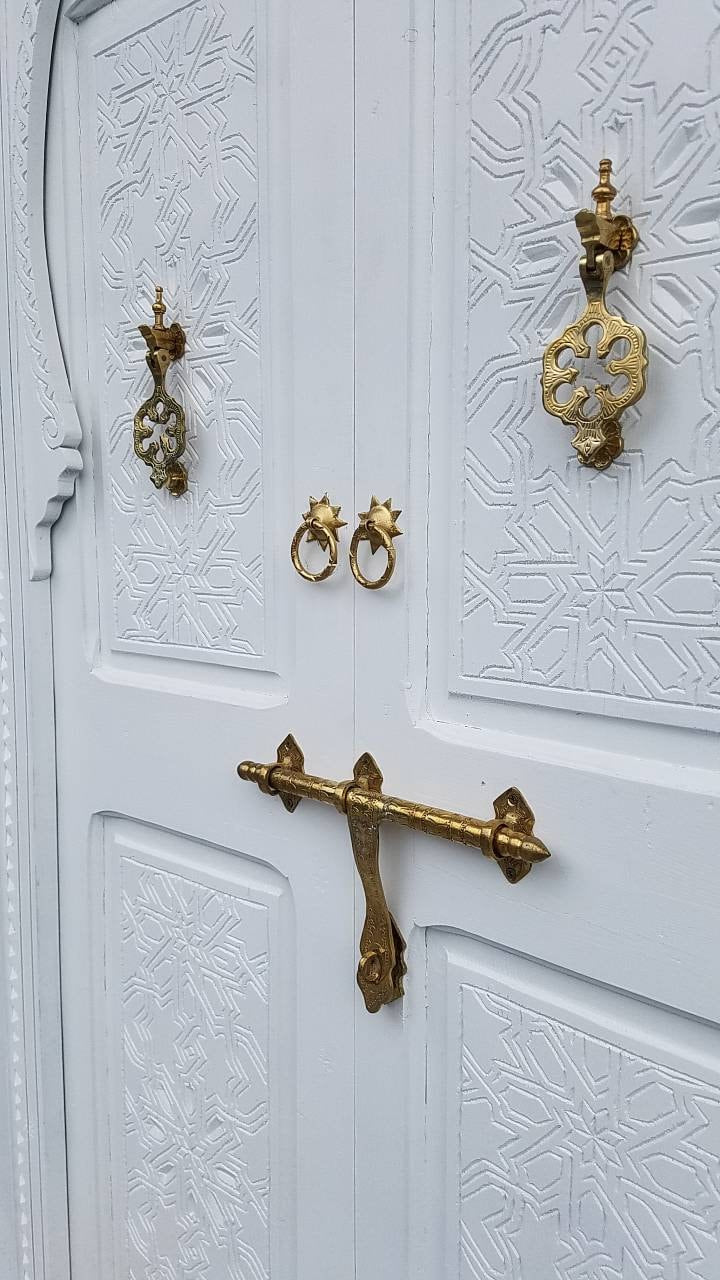 Vintage Carved Cedar Double Door: White Moorish Style, Brass Hardware (84x45")