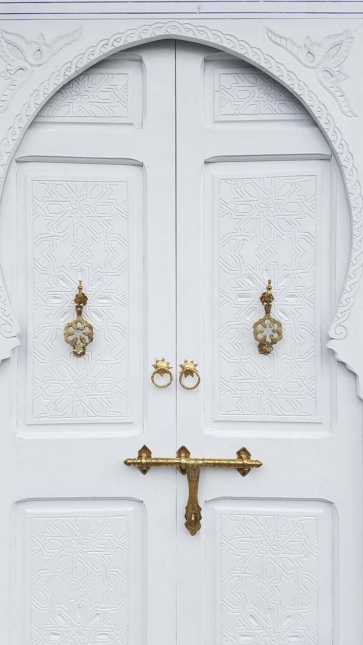Vintage Carved Cedar Double Door: White Moorish Style, Brass Hardware (84x45")