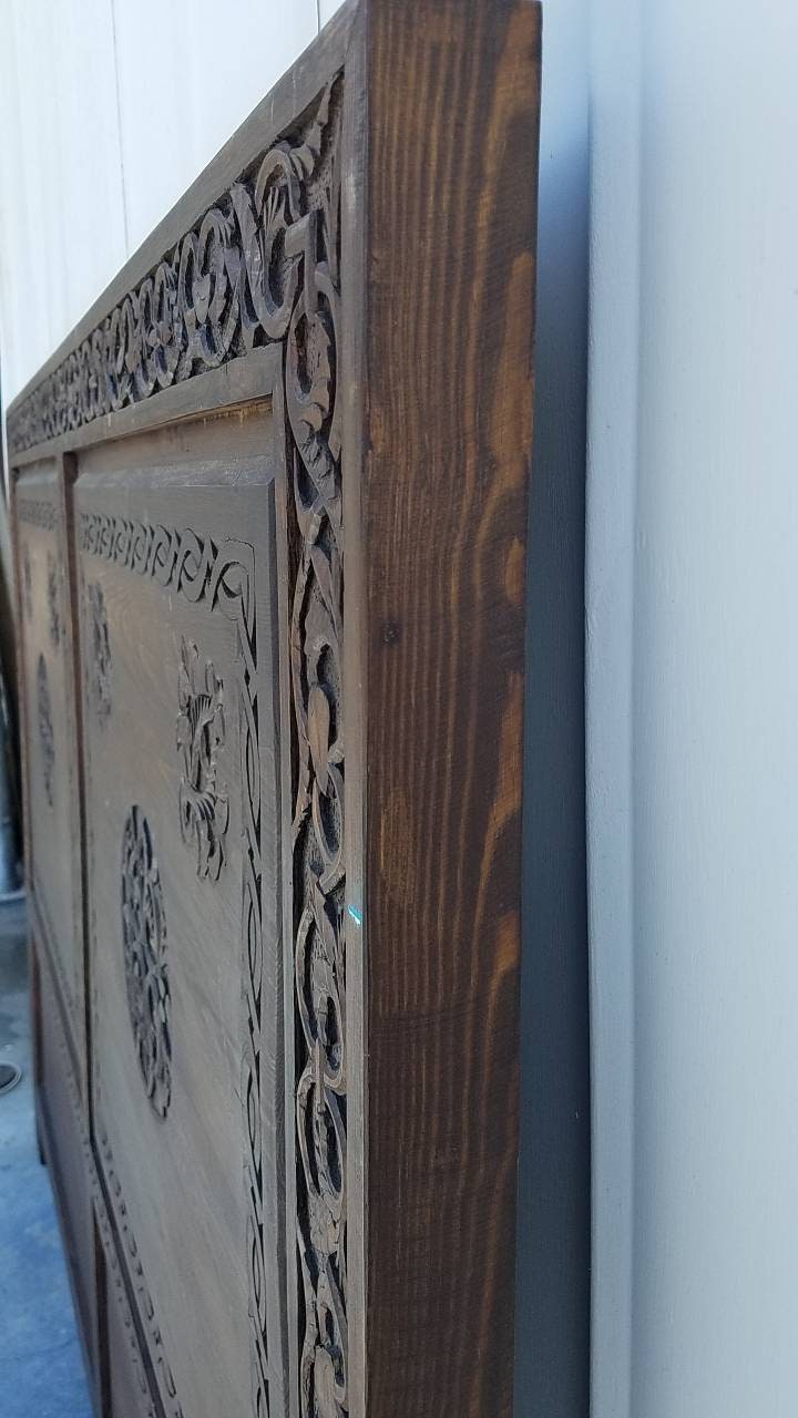 Handmade Carved Cedar Headboard - Vintage Moroccan Moorish Bed (67x51)