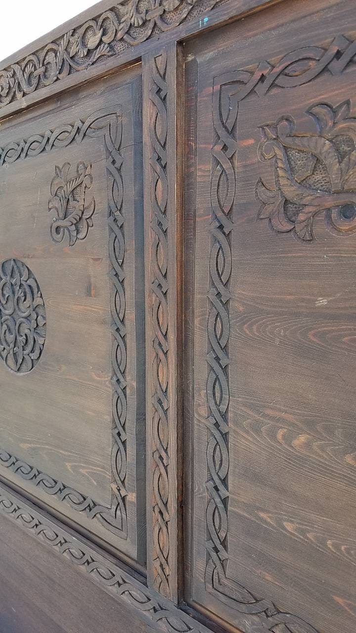 Handmade Carved Cedar Headboard - Vintage Moroccan Moorish Bed (67x51)
