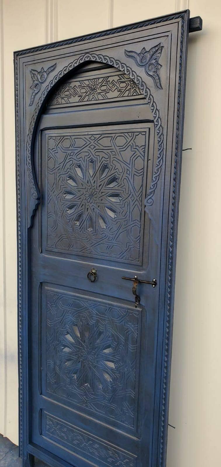 Handmade Blue Moroccan Door: Geometric Carved Wood, 79" x 32.5"