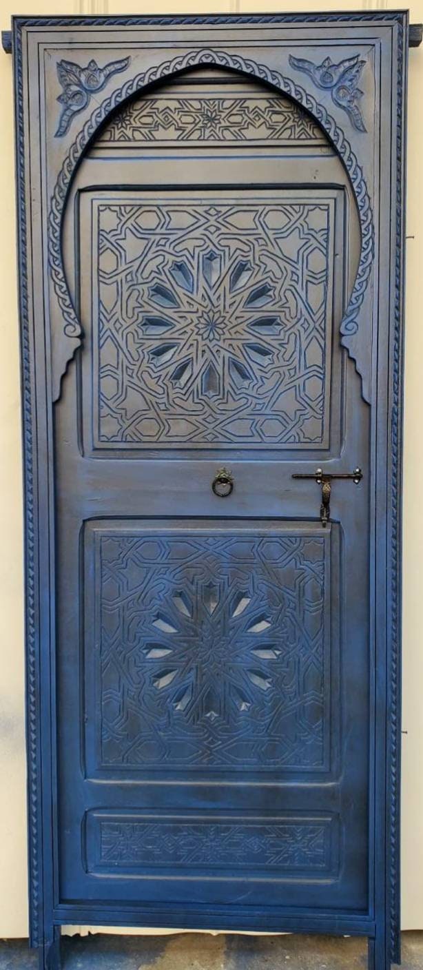 Handmade Blue Moroccan Door: Geometric Carved Wood, 79" x 32.5"