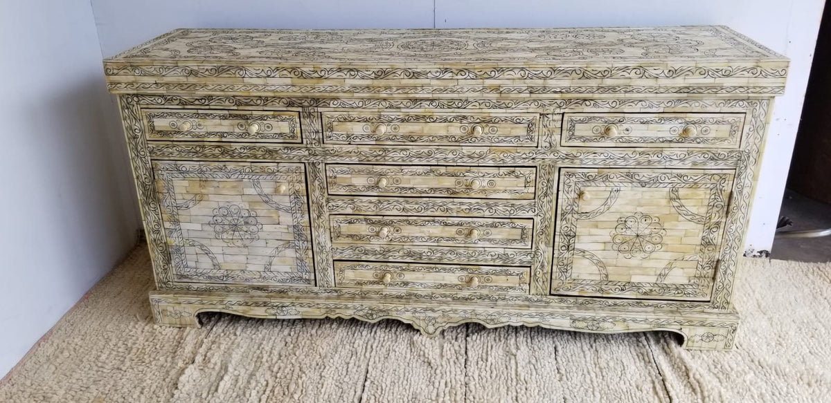 Vintage Moroccan Camel Bone Inlay Cabinet, Handcrafted Berber Chest