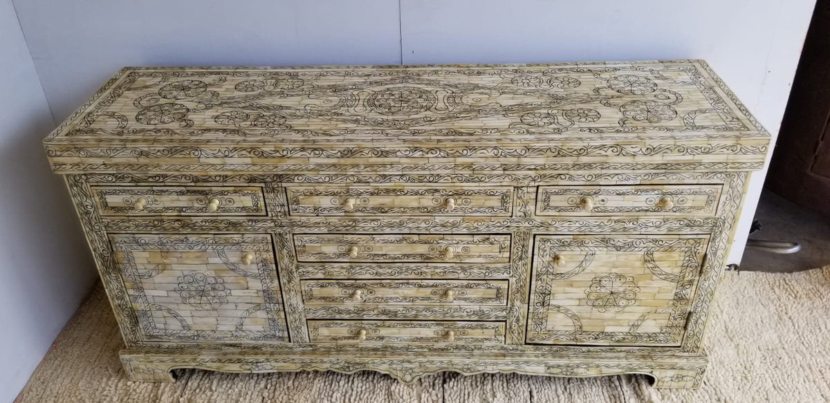 Vintage Moroccan Camel Bone Inlay Cabinet, Handcrafted Berber Chest