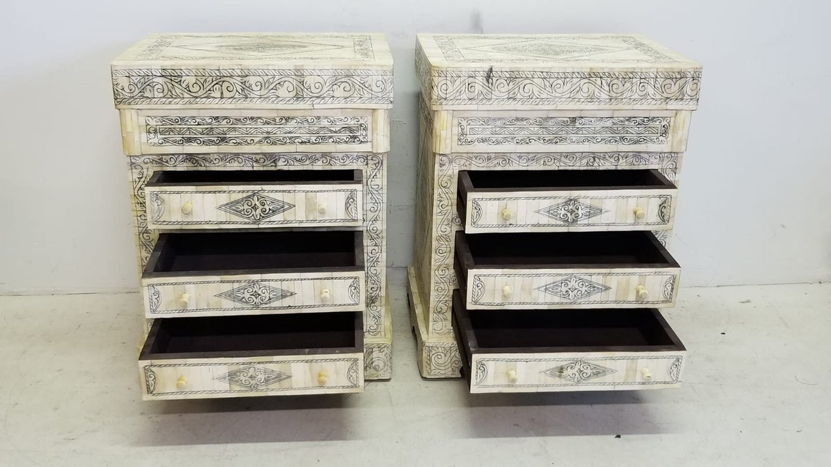 Two Vintage Bone Inlay Nightstand: Moroccan Dresser Cabinet