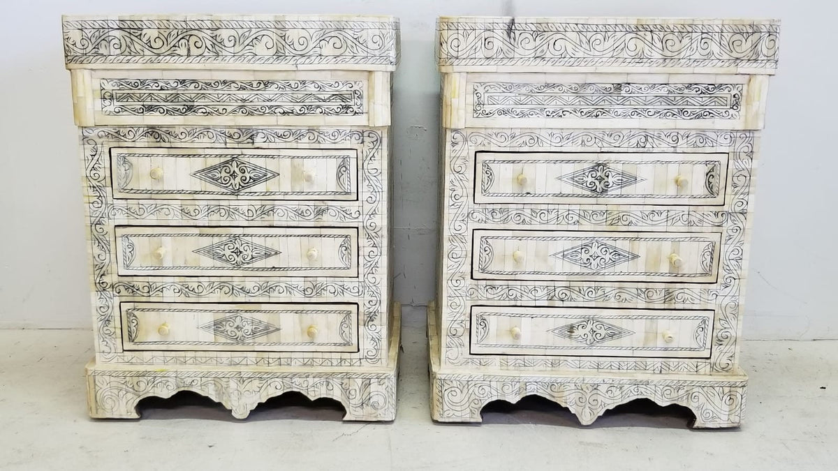 Two Vintage Bone Inlay Nightstand: Moroccan Dresser Cabinet