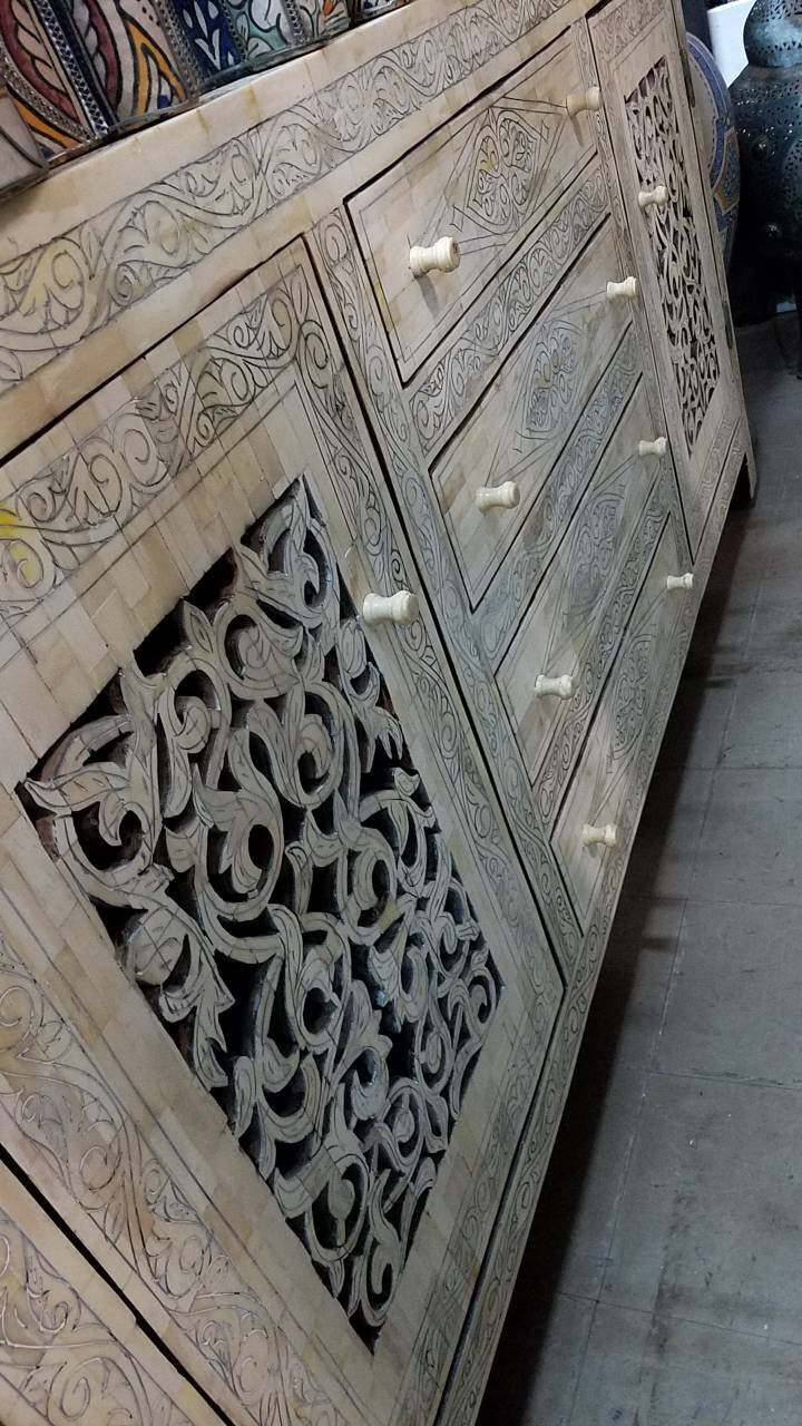 Vintage Moroccan Camel Bone Inlay Cabinet, Berber Chest of Drawers