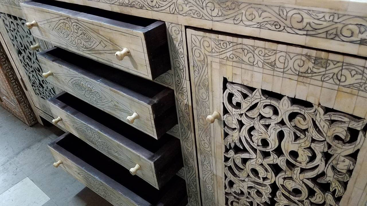 Vintage Moroccan Camel Bone Inlay Cabinet, Berber Chest of Drawers
