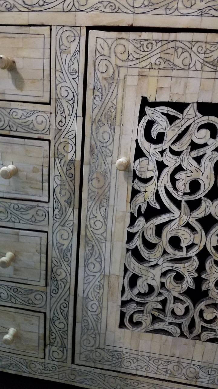 Vintage Moroccan Camel Bone Inlay Cabinet, Berber Chest of Drawers