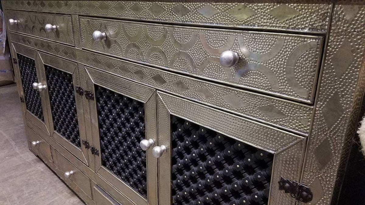 Handmade Moroccan Silver Metal Cabinet: Mousharabia Door, Wood Frame
