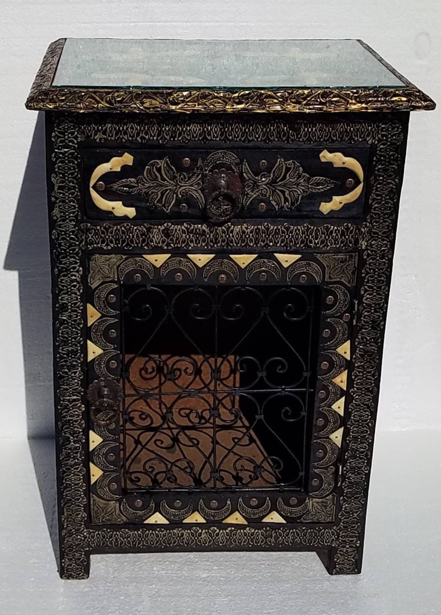 Moroccan Nightstand: Camel Bone, Silver Metal, Wrought Iron Door