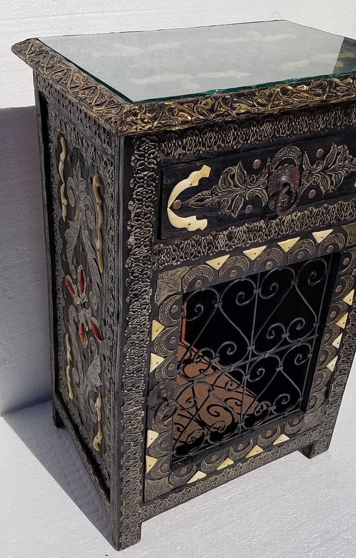 Moroccan Nightstand: Camel Bone, Silver Metal, Wrought Iron Door