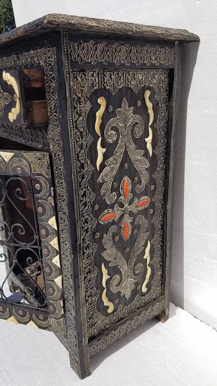 Moroccan Nightstand: Camel Bone, Silver Metal, Wrought Iron Door
