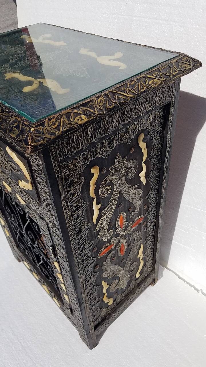 Moroccan Nightstand: Camel Bone, Silver Metal, Wrought Iron Door