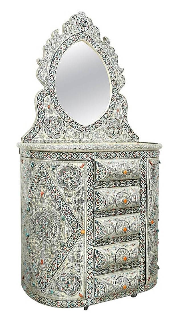 Vintage Moroccan Bone Inlay Vanity, Semi-Precious Stone Cabinet with Mirror