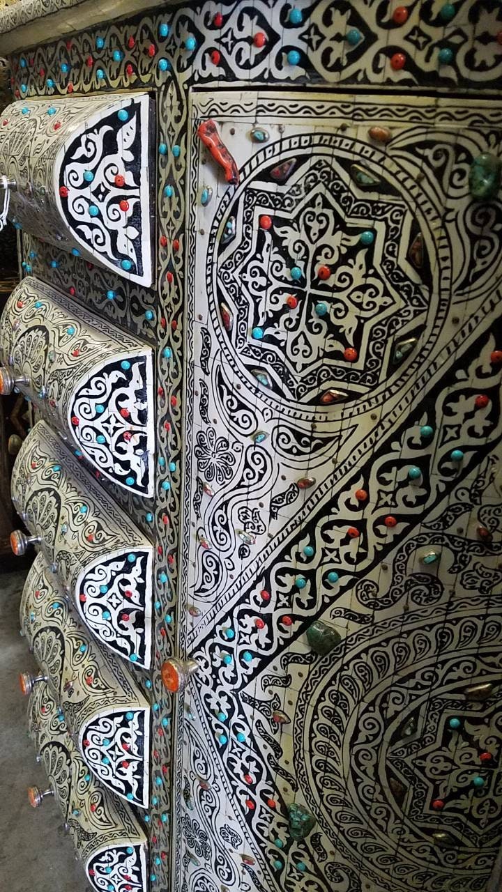 Vintage Moroccan Bone Inlay Vanity, Semi-Precious Stone Cabinet with Mirror