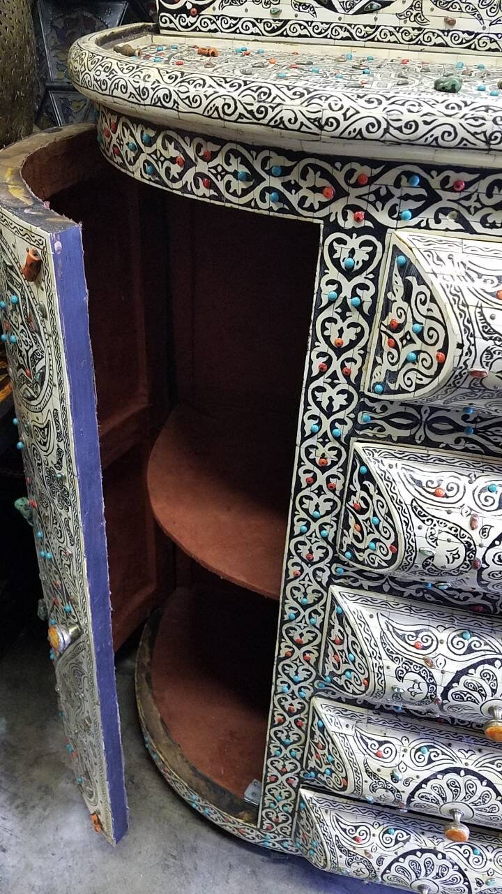 Vintage Moroccan Bone Inlay Vanity, Semi-Precious Stone Cabinet with Mirror