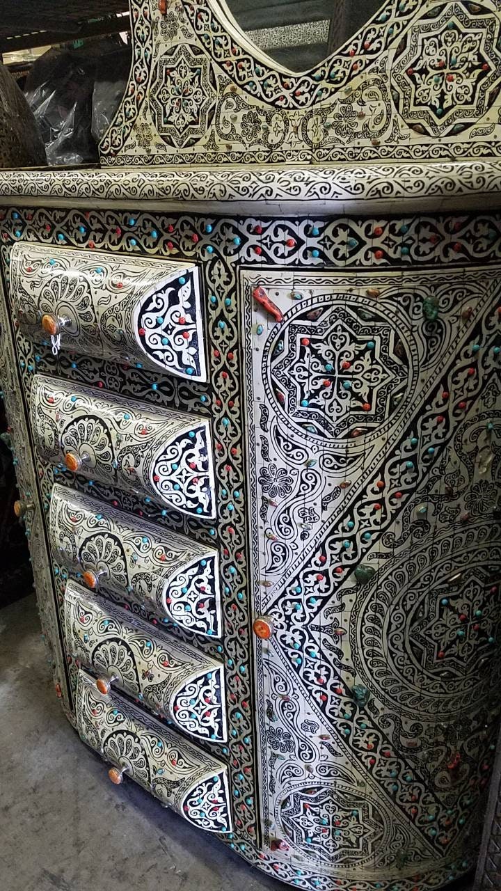Vintage Moroccan Bone Inlay Vanity, Semi-Precious Stone Cabinet with Mirror